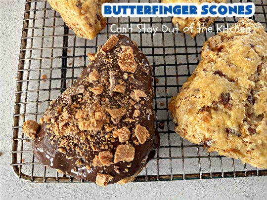 Butterfinger Scones | Can't Stay Out of the Kitchen | Delight your family & friends with these spectacular #ButterfingerScones on your next #breakfast buffet. After just one bite they'll be swooning. These luscious #scones are sweeter than the traditional variety & include #Butterfingers & a luscious #chocolate #icing with more #ButterfingerCandyBars sprinkled over top. Perfect for a weekend, company or #holiday breakfast. Utterly irresistible! #chocolate #PeanutButter #HolidayBreakfast