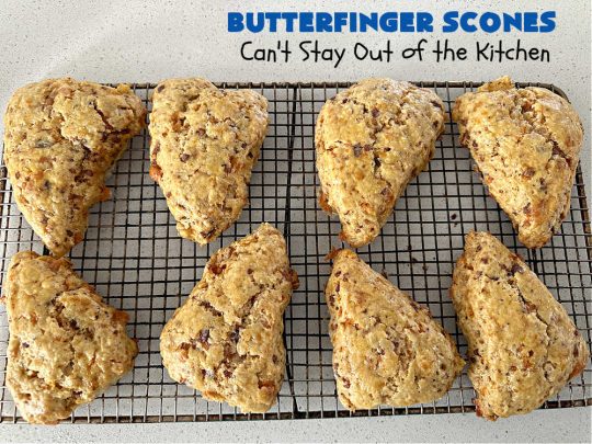 Butterfinger Scones | Can't Stay Out of the Kitchen | Delight your family & friends with these spectacular #ButterfingerScones on your next #breakfast buffet. After just one bite they'll be swooning. These luscious #scones are sweeter than the traditional variety & include #Butterfingers & a luscious #chocolate #icing with more #ButterfingerCandyBars sprinkled over top. Perfect for a weekend, company or #holiday breakfast. Utterly irresistible! #chocolate #PeanutButter #HolidayBreakfast