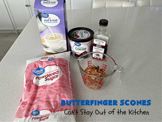 Butterfinger Scones | Can't Stay Out of the Kitchen | Delight your family & friends with these spectacular #ButterfingerScones on your next #breakfast buffet. After just one bite they'll be swooning. These luscious #scones are sweeter than the traditional variety & include #Butterfingers & a luscious #chocolate #icing with more #ButterfingerCandyBars sprinkled over top. Perfect for a weekend, company or #holiday breakfast. Utterly irresistible! #chocolate #PeanutButter #HolidayBreakfast
