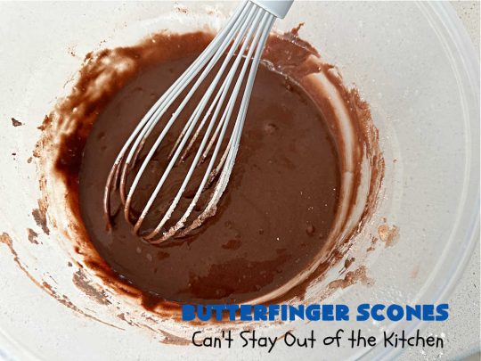 Butterfinger Scones | Can't Stay Out of the Kitchen | Delight your family & friends with these spectacular #ButterfingerScones on your next #breakfast buffet. After just one bite they'll be swooning. These luscious #scones are sweeter than the traditional variety & include #Butterfingers & a luscious #chocolate #icing with more #ButterfingerCandyBars sprinkled over top. Perfect for a weekend, company or #holiday breakfast. Utterly irresistible! #chocolate #PeanutButter #HolidayBreakfast