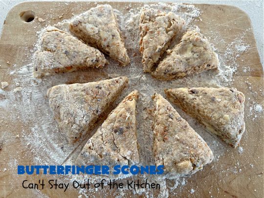 Butterfinger Scones | Can't Stay Out of the Kitchen | Delight your family & friends with these spectacular #ButterfingerScones on your next #breakfast buffet. After just one bite they'll be swooning. These luscious #scones are sweeter than the traditional variety & include #Butterfingers & a luscious #chocolate #icing with more #ButterfingerCandyBars sprinkled over top. Perfect for a weekend, company or #holiday breakfast. Utterly irresistible! #chocolate #PeanutButter #HolidayBreakfast