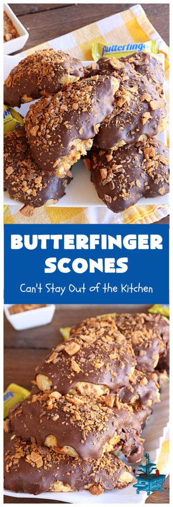 Butterfinger Scones | Can't Stay Out of the Kitchen | Delight your family & friends with these spectacular #ButterfingerScones on your next #breakfast buffet. After just one bite they'll be swooning. These luscious #scones are sweeter than the traditional variety & include #Butterfingers & a luscious #chocolate #icing with more #ButterfingerCandyBars sprinkled over top. Perfect for a weekend, company or #holiday breakfast. Utterly irresistible! #chocolate #PeanutButter #HolidayBreakfast