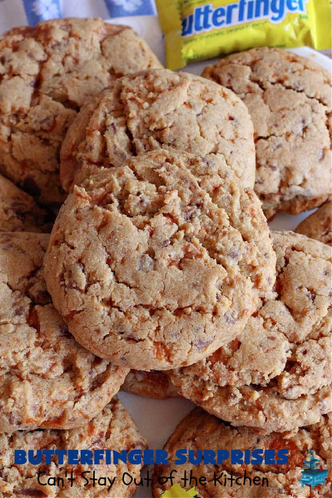 Butterfinger Surprises | Can't Stay Out of the Kitchen | these luscious #PeanutButterCookies include #ButterfingerBits in every bite. These whopper-sized #cookies will knock your socks off! If you enjoy #PeanutButter #chocolate & #Butterfingers, this #dessert will make your day! #ChocolateDessert #PeanutButterDessert #Butterfinger Dessert #holiday #HolidayBaking #HolidayDessert #ButterfingerSurprises