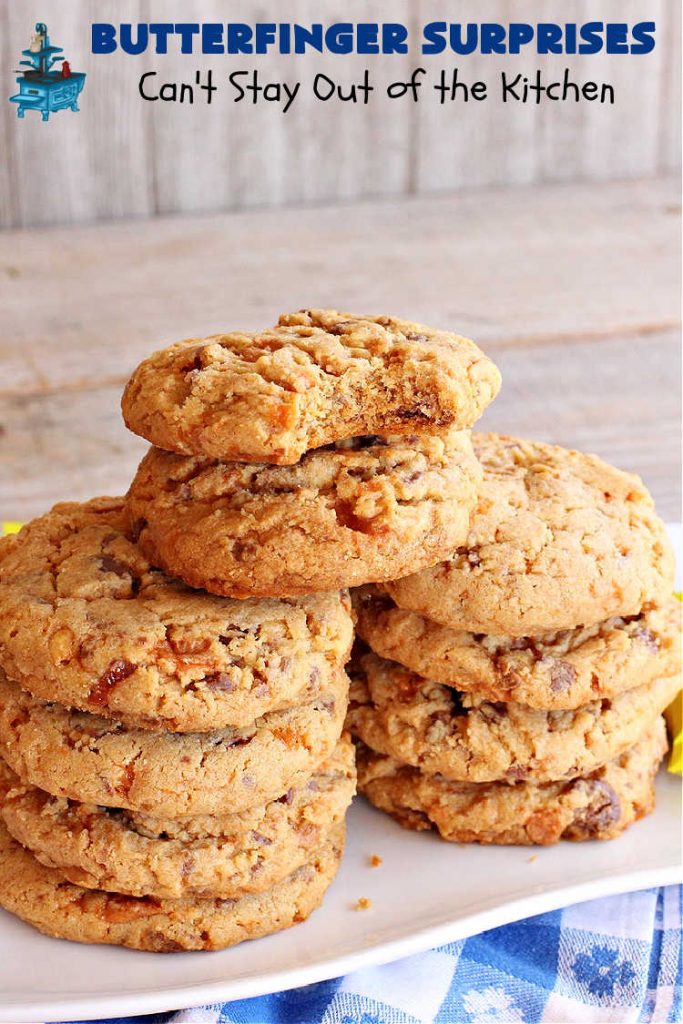 Butterfinger Surprises | Can't Stay Out of the Kitchen | these luscious #PeanutButterCookies include #ButterfingerBits in every bite. These whopper-sized #cookies will knock your socks off! If you enjoy #PeanutButter #chocolate & #Butterfingers, this #dessert will make your day! #ChocolateDessert #PeanutButterDessert #Butterfinger Dessert #holiday #HolidayBaking #HolidayDessert #ButterfingerSurprises