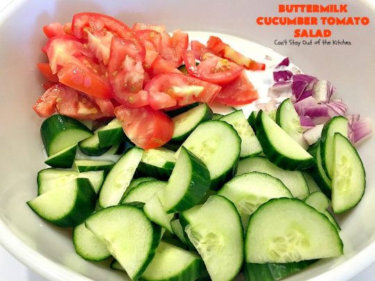 Buttermilk Cucumber Tomato Salad | Can't Stay Out of the Kitchen | this delicious #salad is very simple and easy to make, yet so refreshing. It's a great side dish for almost any kind of entree. #glutenfree #tomatoes #cucumbers