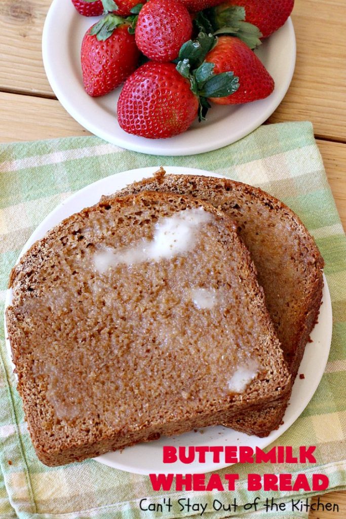 Buttermilk Wheat Bread | Can't Stay Out of the Kitchen | this delicious homemade #bread uses all #WholeWheatFlour plus yeast & #VitalWheatGluten to help it raise sufficiently. It's absolutely mouthwatering & terrific as a dinner bread or for #breakfast. It's also incredibly easy to make since it's made in the #breadmaker. #HomeBakedBread #buttermilk #molasses #ButtermilkWheatBread