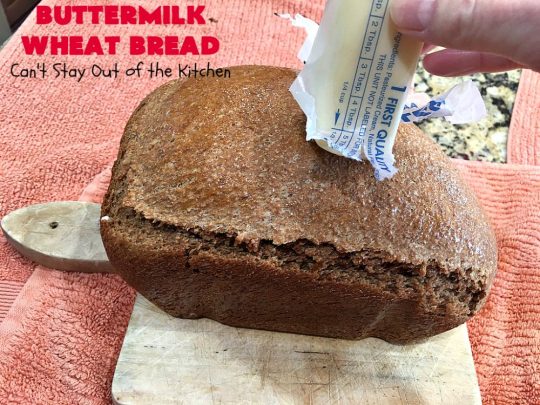 Buttermilk Wheat Bread | Can't Stay Out of the Kitchen | this delicious homemade #bread uses all #WholeWheatFlour plus yeast & #VitalWheatGluten to help it raise sufficiently. It's absolutely mouthwatering & terrific as a dinner bread or for #breakfast. It's also incredibly easy to make since it's made in the #breadmaker. #HomeBakedBread #buttermilk #molasses #ButtermilkWheatBread
