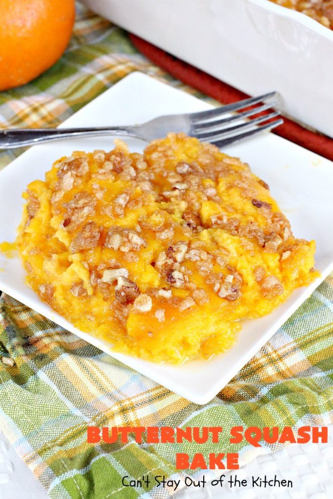 Butternut Squash Bake | Can't Stay Out of the Kitchen | my favorite #butternutsquash #casserole. This one is like a #souffle with a #RiceKrispies topping. Terrific for #Thanksgiving or #Christmas dinner. #glutenfree