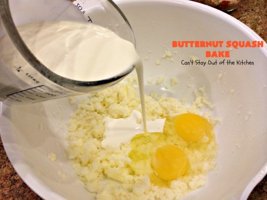 Butternut Squash Bake | Can't Stay Out of the Kitchen | my favorite #butternutsquash #casserole. This one is like a #souffle with a #RiceKrispies topping. Terrific for #Thanksgiving or #Christmas dinner. #glutenfree