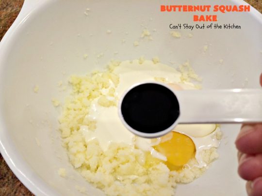 Butternut Squash Bake | Can't Stay Out of the Kitchen | my favorite #butternutsquash #casserole. This one is like a #souffle with a #RiceKrispies topping. Terrific for #Thanksgiving or #Christmas dinner. #glutenfree