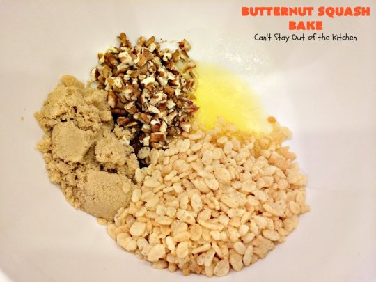 Butternut Squash Bake | Can't Stay Out of the Kitchen | my favorite #butternutsquash #casserole. This one is like a #souffle with a #RiceKrispies topping. Terrific for #Thanksgiving or #Christmas dinner. #glutenfree
