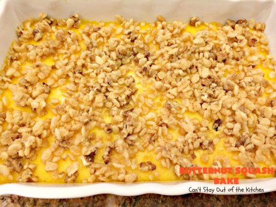 Butternut Squash Bake | Can't Stay Out of the Kitchen | my favorite #butternutsquash #casserole. This one is like a #souffle with a #RiceKrispies topping. Terrific for #Thanksgiving or #Christmas dinner. #glutenfree
