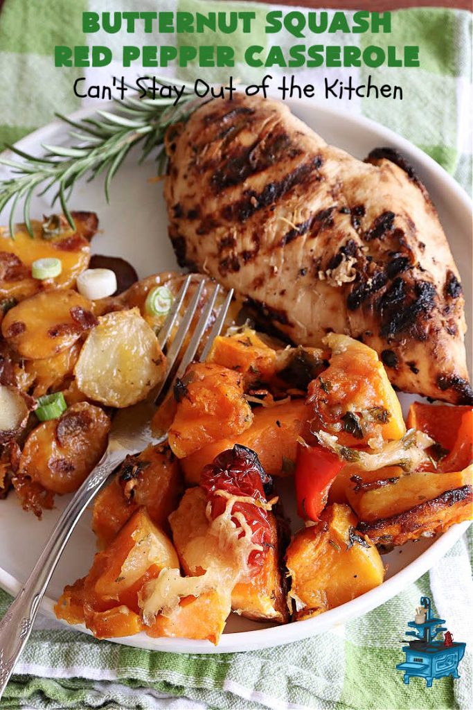 Butternut Squash Red Pepper Casserole | Can't Stay Out of the Kitchen | this is one of the best ways to serve #ButternutSquash ever! The combination of sweet flavors from the #squash & savory flavors from #ParmesanCheese, #garlic & #rosemary is outstanding. Terrific #SideDish for family, company or #holiday dinners like #Thanksgiving or #Christmas. #GlutenFree #casserole #RedBellPeppers #ButternutSquashRedPepperCasserole