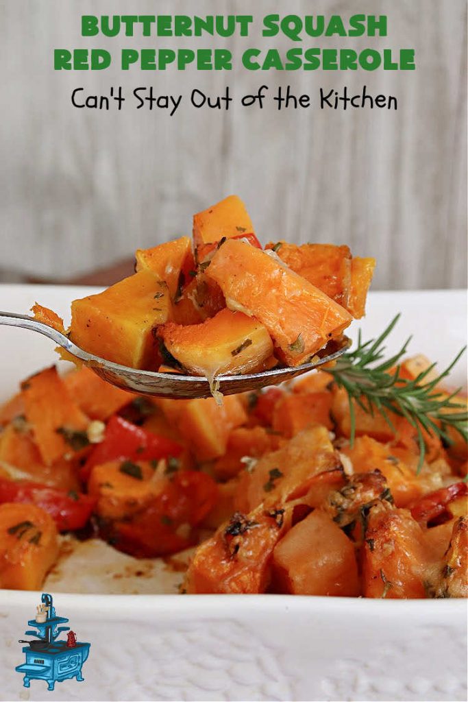 Butternut Squash Red Pepper Casserole | Can't Stay Out of the Kitchen | this is one of the best ways to serve #ButternutSquash ever! The combination of sweet flavors from the #squash & savory flavors from #ParmesanCheese, #garlic & #rosemary is outstanding. Terrific #SideDish for family, company or #holiday dinners like #Thanksgiving or #Christmas. #GlutenFree #casserole #RedBellPeppers #ButternutSquashRedPepperCasserole