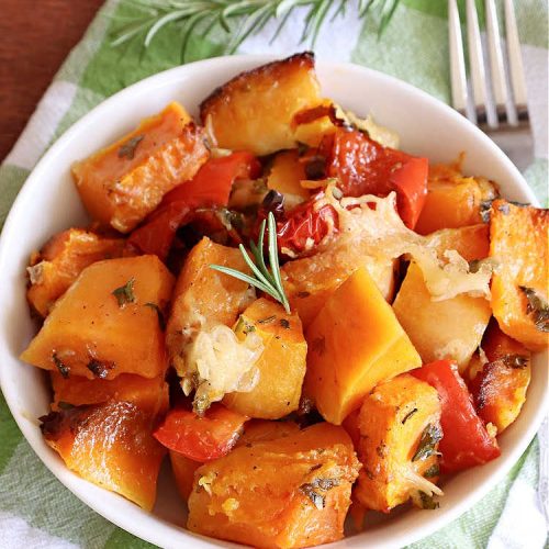 Butternut Squash Red Pepper Casserole | Can't Stay Out of the Kitchen | this is one of the best ways to serve #ButternutSquash ever! The combination of sweet flavors from the #squash & savory flavors from #ParmesanCheese, #garlic & #rosemary is outstanding. Terrific #SideDish for family, company or #holiday dinners like #Thanksgiving or #Christmas. #GlutenFree #casserole #RedBellPeppers #ButternutSquashRedPepperCasserole