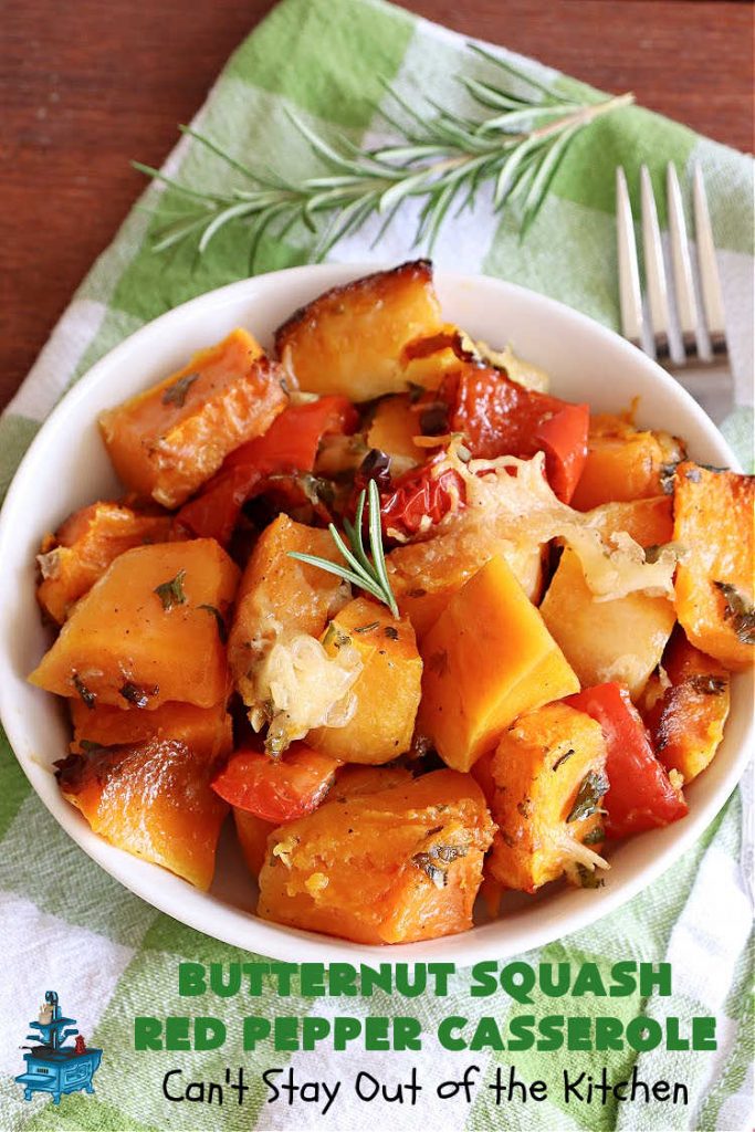 Butternut Squash Red Pepper Casserole | Can't Stay Out of the Kitchen | this is one of the best ways to serve #ButternutSquash ever! The combination of sweet flavors from the #squash & savory flavors from #ParmesanCheese, #garlic & #rosemary is outstanding. Terrific #SideDish for family, company or #holiday dinners like #Thanksgiving or #Christmas. #GlutenFree #casserole #RedBellPeppers #ButternutSquashRedPepperCasserole