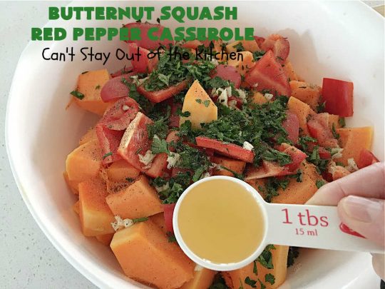 Butternut Squash Red Pepper Casserole | Can't Stay Out of the Kitchen | this is one of the best ways to serve #ButternutSquash ever! The combination of sweet flavors from the #squash & savory flavors from #ParmesanCheese, #garlic & #rosemary is outstanding. Terrific #SideDish for family, company or #holiday dinners like #Thanksgiving or #Christmas. #GlutenFree #casserole #RedBellPeppers #ButternutSquashRedPepperCasserole