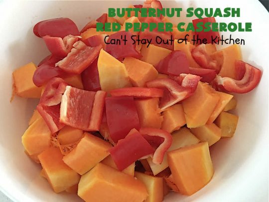 Butternut Squash Red Pepper Casserole | Can't Stay Out of the Kitchen | this is one of the best ways to serve #ButternutSquash ever! The combination of sweet flavors from the #squash & savory flavors from #ParmesanCheese, #garlic & #rosemary is outstanding. Terrific #SideDish for family, company or #holiday dinners like #Thanksgiving or #Christmas. #GlutenFree #casserole #RedBellPeppers #ButternutSquashRedPepperCasserole