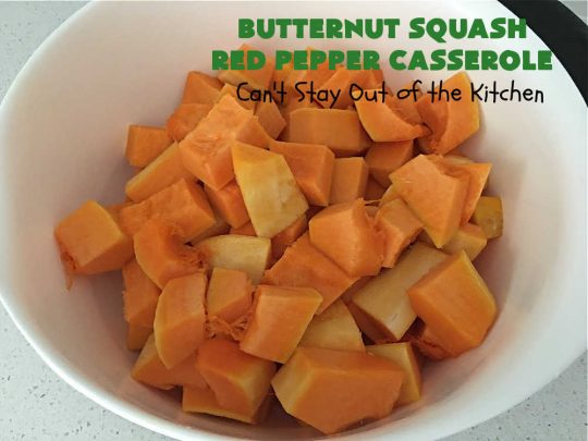 Butternut Squash Red Pepper Casserole | Can't Stay Out of the Kitchen | this is one of the best ways to serve #ButternutSquash ever! The combination of sweet flavors from the #squash & savory flavors from #ParmesanCheese, #garlic & #rosemary is outstanding. Terrific #SideDish for family, company or #holiday dinners like #Thanksgiving or #Christmas. #GlutenFree #casserole #RedBellPeppers #ButternutSquashRedPepperCasserole