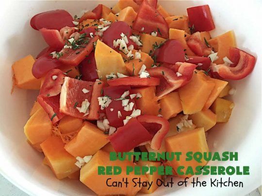 Butternut Squash Red Pepper Casserole | Can't Stay Out of the Kitchen | this is one of the best ways to serve #ButternutSquash ever! The combination of sweet flavors from the #squash & savory flavors from #ParmesanCheese, #garlic & #rosemary is outstanding. Terrific #SideDish for family, company or #holiday dinners like #Thanksgiving or #Christmas. #GlutenFree #casserole #RedBellPeppers #ButternutSquashRedPepperCasserole