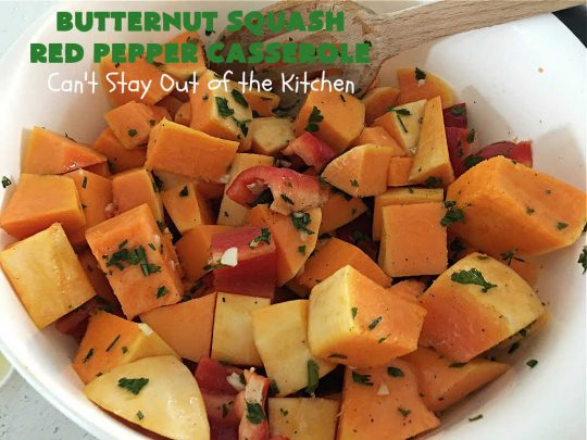 Butternut Squash Red Pepper Casserole | Can't Stay Out of the Kitchen | this is one of the best ways to serve #ButternutSquash ever! The combination of sweet flavors from the #squash & savory flavors from #ParmesanCheese, #garlic & #rosemary is outstanding. Terrific #SideDish for family, company or #holiday dinners like #Thanksgiving or #Christmas. #GlutenFree #casserole #RedBellPeppers #ButternutSquashRedPepperCasserole