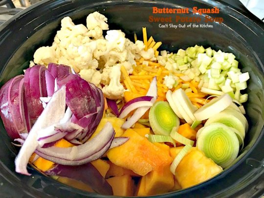 Butternut Squash Sweet Potato Soup | Can't Stay Out of the Kitchen | this delicious #soup is chocked full of fresh veggies and made in the #crockpot. Great comfort food. Healthy, low calorie, #glutenfree & #vegan.