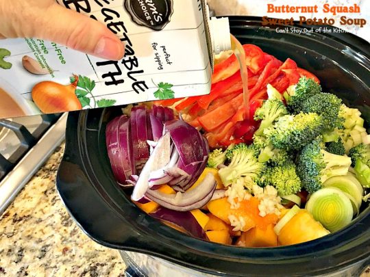 Butternut Squash Sweet Potato Soup | Can't Stay Out of the Kitchen | this delicious #soup is chocked full of fresh veggies and made in the #crockpot. Great comfort food. Healthy, low calorie, #glutenfree & #vegan.