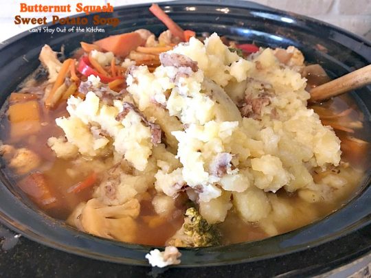 Butternut Squash Sweet Potato Soup | Can't Stay Out of the Kitchen | this delicious #soup is chocked full of fresh veggies and made in the #crockpot. Great comfort food. Healthy, low calorie, #glutenfree & #vegan.