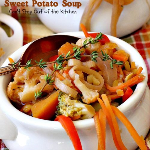 Butternut Squash Sweet Potato Soup | Can't Stay Out of the Kitchen | this delicious #soup is chocked full of fresh veggies and made in the #crockpot. Great comfort food. Healthy, low calorie, #glutenfree & #vegan.