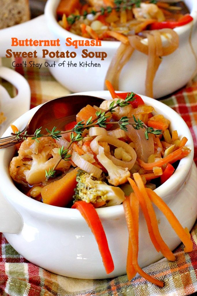 Butternut Squash Sweet Potato Soup | Can't Stay Out of the Kitchen | this delicious #soup is chocked full of fresh veggies and made in the #crockpot. Great comfort food. Healthy, low calorie, #glutenfree & #vegan.