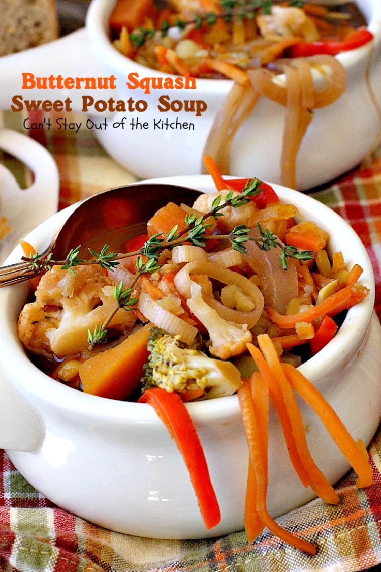 Butternut Squash Sweet Potato Soup | Can't Stay Out of the Kitchen | this delicious #soup is chocked full of fresh veggies and made in the #crockpot. Great comfort food. Healthy, low calorie, #glutenfree & #vegan.