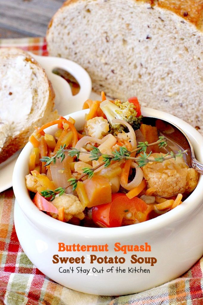 Butternut Squash Sweet Potato Soup | Can't Stay Out of the Kitchen | this delicious #soup is chocked full of fresh veggies and made in the #crockpot. Great comfort food. Healthy, low calorie, #glutenfree & #vegan.