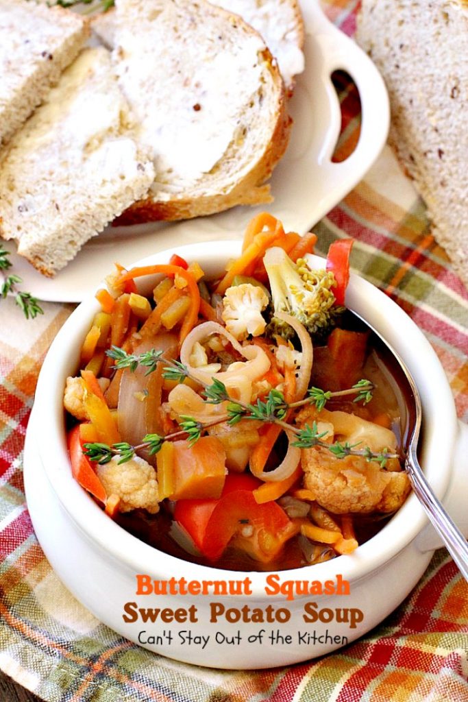 Butternut Squash Sweet Potato Soup | Can't Stay Out of the Kitchen | this delicious #soup is chocked full of fresh veggies and made in the #crockpot. Great comfort food. Healthy, low calorie, #glutenfree & #vegan.