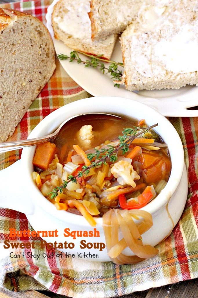 Butternut Squash Sweet Potato Soup | Can't Stay Out of the Kitchen | this delicious #soup is chocked full of fresh veggies and made in the #crockpot. Great comfort food. Healthy, low calorie, #glutenfree & #vegan.