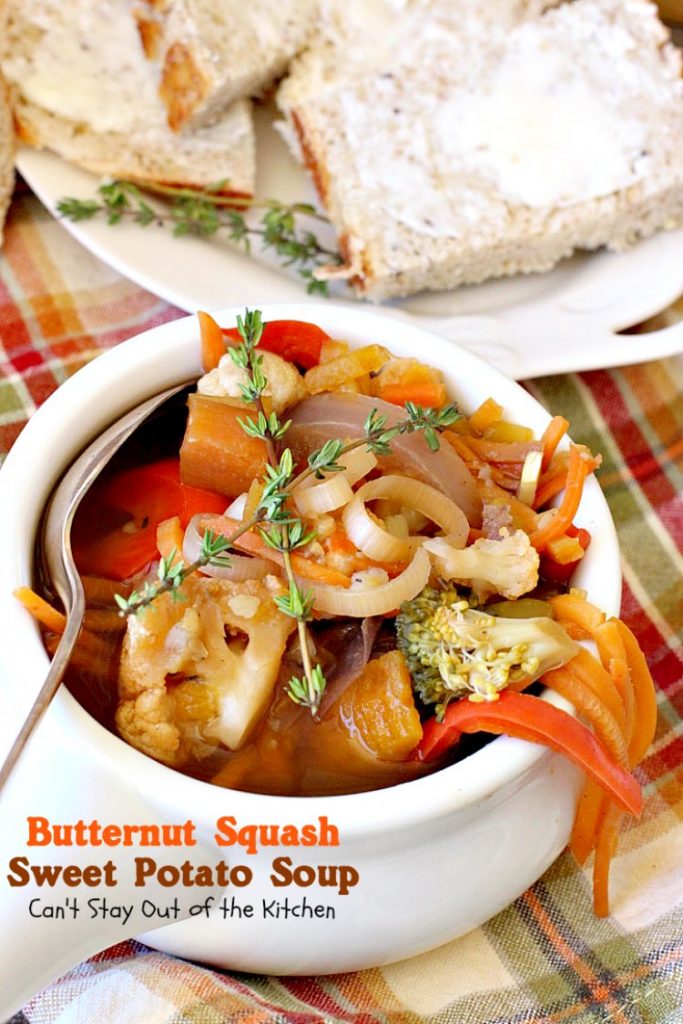 Butternut Squash Sweet Potato Soup | Can't Stay Out of the Kitchen | this delicious #soup is chocked full of fresh veggies and made in the #crockpot. Great comfort food. Healthy, low calorie, #glutenfree & #vegan.