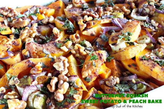 Butternut Squash, Sweet Potato and Peach Bake | Can't Stay Out of the Kitchen | this #healthy, #vegan & #GlutenFree #SideDish is a terrific way to enjoy #peaches & #ButternutSquash. Delightful #casserole for company dinners, too. #SweetPotatoes #ButternutSquashSweetPotatoAndPeachBake #walnuts