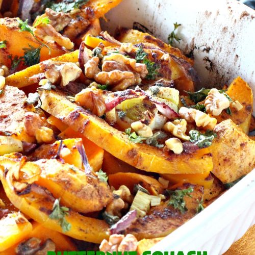 Butternut Squash, Sweet Potato and Peach Bake | Can't Stay Out of the Kitchen | this #healthy, #vegan & #GlutenFree #SideDish is a terrific way to enjoy #peaches & #ButternutSquash. Delightful #casserole for company dinners, too. #SweetPotatoes #ButternutSquashSweetPotatoAndPeachBake #walnuts