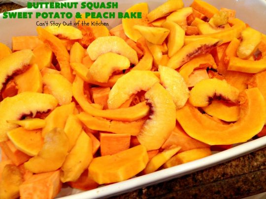 Butternut Squash, Sweet Potato and Peach Bake | Can't Stay Out of the Kitchen | this #healthy, #vegan & #GlutenFree #SideDish is a terrific way to enjoy #peaches & #ButternutSquash. Delightful #casserole for company dinners, too. #SweetPotatoes #ButternutSquashSweetPotatoAndPeachBake #walnuts