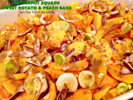 Butternut Squash, Sweet Potato and Peach Bake | Can't Stay Out of the Kitchen | this #healthy, #vegan & #GlutenFree #SideDish is a terrific way to enjoy #peaches & #ButternutSquash. Delightful #casserole for company dinners, too. #SweetPotatoes #ButternutSquashSweetPotatoAndPeachBake #walnuts