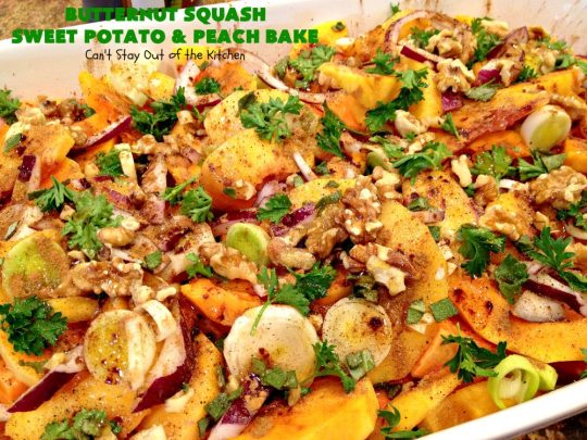 Butternut Squash, Sweet Potato and Peach Bake | Can't Stay Out of the Kitchen | this #healthy, #vegan & #GlutenFree #SideDish is a terrific way to enjoy #peaches & #ButternutSquash. Delightful #casserole for company dinners, too. #SweetPotatoes #ButternutSquashSweetPotatoAndPeachBake #walnuts