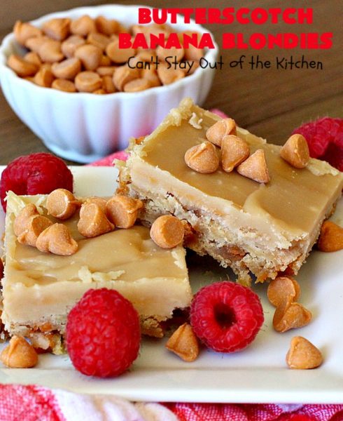 Butterscotch Banana Blondies | Can't Stay Out of the Kitchen | these luscious #cookies are filled with #bananas & #ButterscotchMorsels then they're topped with a #BrownedButterIcing. They're absolutely mouthwatering. #tailgating #brownies #dessert #BananaDessert #ButterscotchDessert #ButterscotchBananaBlondies