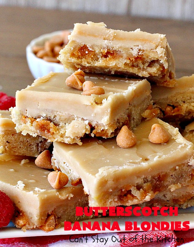 Butterscotch Banana Blondies | Can't Stay Out of the Kitchen | these luscious #cookies are filled with #bananas & #ButterscotchMorsels then they're topped with a #BrownedButterIcing. They're absolutely mouthwatering. #tailgating #brownies #dessert #BananaDessert #ButterscotchDessert #ButterscotchBananaBlondies