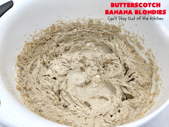 Butterscotch Banana Blondies | Can't Stay Out of the Kitchen | these luscious #cookies are filled with #bananas & #ButterscotchMorsels then they're topped with a #BrownedButterIcing. They're absolutely mouthwatering. #tailgating #brownies #dessert #BananaDessert #ButterscotchDessert #ButterscotchBananaBlondies