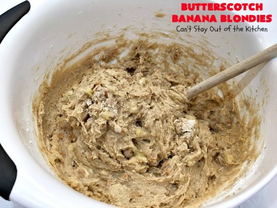 Butterscotch Banana Blondies | Can't Stay Out of the Kitchen | these luscious #cookies are filled with #bananas & #ButterscotchMorsels then they're topped with a #BrownedButterIcing. They're absolutely mouthwatering. #tailgating #brownies #dessert #BananaDessert #ButterscotchDessert #ButterscotchBananaBlondies