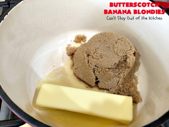 Butterscotch Banana Blondies | Can't Stay Out of the Kitchen | these luscious #cookies are filled with #bananas & #ButterscotchMorsels then they're topped with a #BrownedButterIcing. They're absolutely mouthwatering. #tailgating #brownies #dessert #BananaDessert #ButterscotchDessert #ButterscotchBananaBlondies