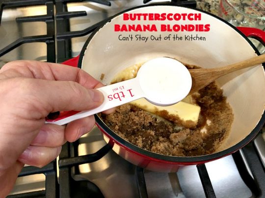 Butterscotch Banana Blondies | Can't Stay Out of the Kitchen | these luscious #cookies are filled with #bananas & #ButterscotchMorsels then they're topped with a #BrownedButterIcing. They're absolutely mouthwatering. #tailgating #brownies #dessert #BananaDessert #ButterscotchDessert #ButterscotchBananaBlondies