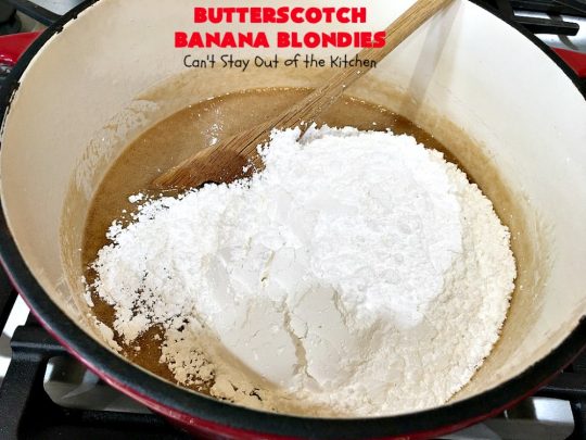 Butterscotch Banana Blondies | Can't Stay Out of the Kitchen | these luscious #cookies are filled with #bananas & #ButterscotchMorsels then they're topped with a #BrownedButterIcing. They're absolutely mouthwatering. #tailgating #brownies #dessert #BananaDessert #ButterscotchDessert #ButterscotchBananaBlondies