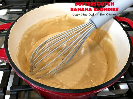 Butterscotch Banana Blondies | Can't Stay Out of the Kitchen | these luscious #cookies are filled with #bananas & #ButterscotchMorsels then they're topped with a #BrownedButterIcing. They're absolutely mouthwatering. #tailgating #brownies #dessert #BananaDessert #ButterscotchDessert #ButterscotchBananaBlondies