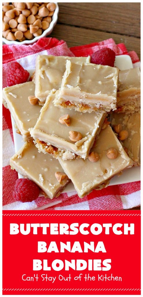 Butterscotch Banana Blondies | Can't Stay Out of the Kitchen | these luscious #cookies are filled with #bananas & #ButterscotchMorsels then they're topped with a #BrownedButterIcing. They're absolutely mouthwatering. #tailgating #brownies #dessert #BananaDessert #ButterscotchDessert #ButterscotchBananaBlondies