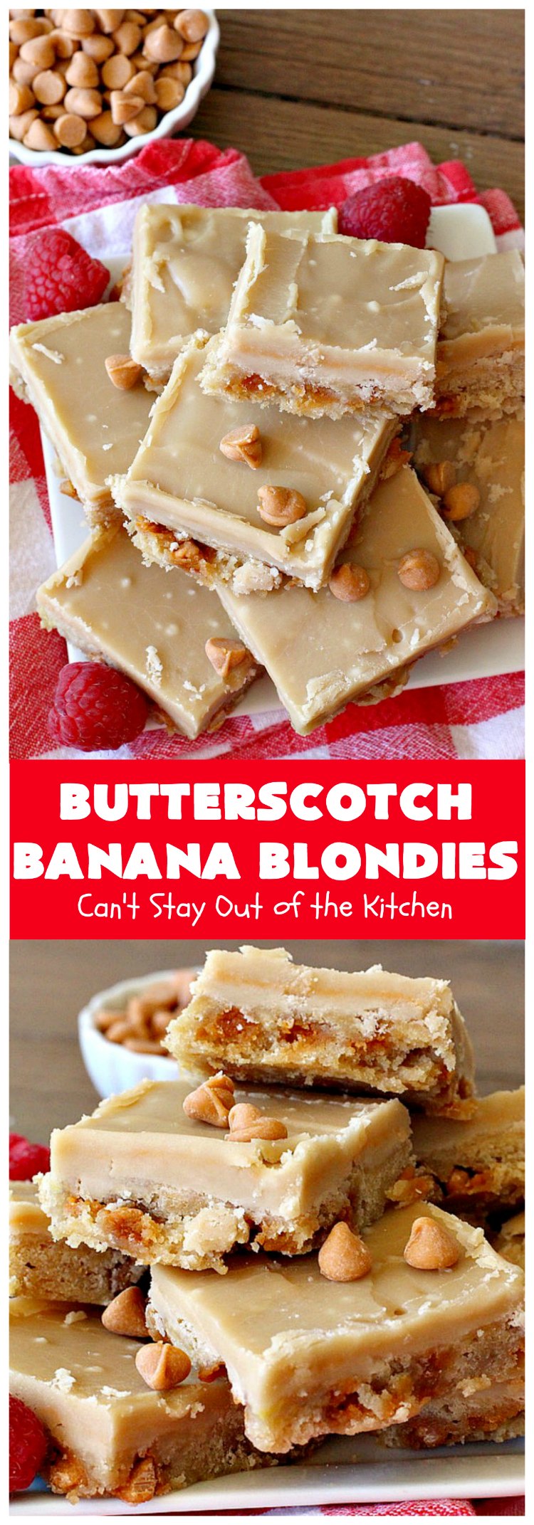 Butterscotch Banana Blondies | Can't Stay Out of the Kitchen | these luscious #cookies are filled with #bananas & #ButterscotchMorsels then they're topped with a #BrownedButterIcing. They're absolutely mouthwatering. #tailgating #brownies #dessert #BananaDessert #ButterscotchDessert #ButterscotchBananaBlondies